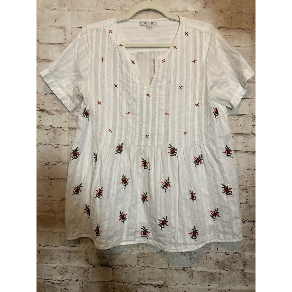 Orvis Tunic Top Small White Cotton Embroidered Floral Boho Lightweight Flowy